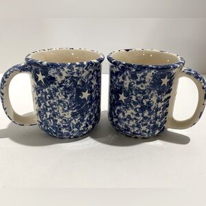 Set of 2 Blue Spongeware Ceramic Mugs Stars Patriotic Americana USA